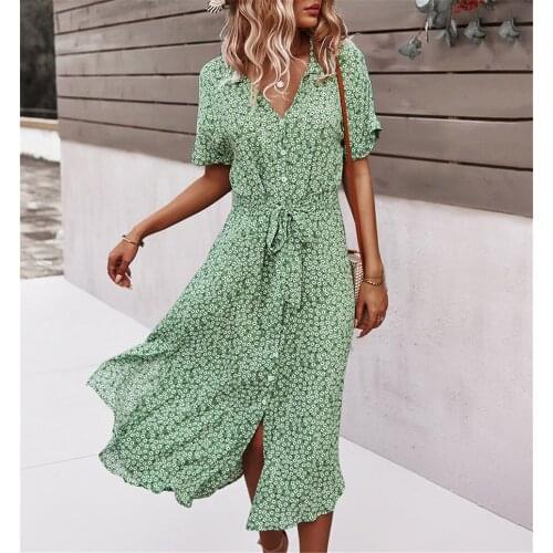 Summer Floral Dresses Women Casual Dress Robe V-Neck Midi Dresses Female Short Sleeve Button Loosed Dress Holiday Beach Vestidos