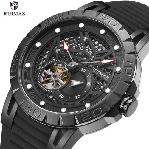 RUIMAS Luxury Skeleton Quartz Watches Men Silicone Strap Military Sport Wristwatch Male Waterproof Watch Man Relogios Masculino Clock 6772