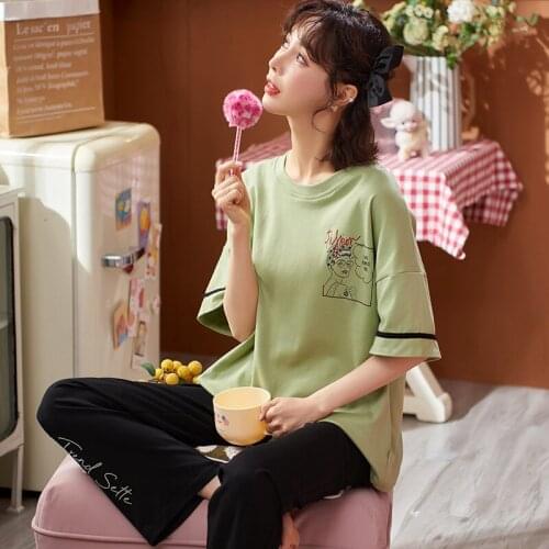 Fresh Green Womens Pajamas Cotton Short Sleeve Ladies Summer Pajamas Sets Thin Homewear Cute Cartoon Lounge T-shits Sleepwear