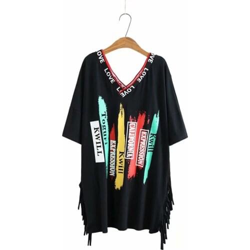 Plus Size T-Shirt For Women 3XL-6XL V-Neck Short Sleeves Print Pattern Looser Enlarged Design Of Strip Trimming At The Bottom
