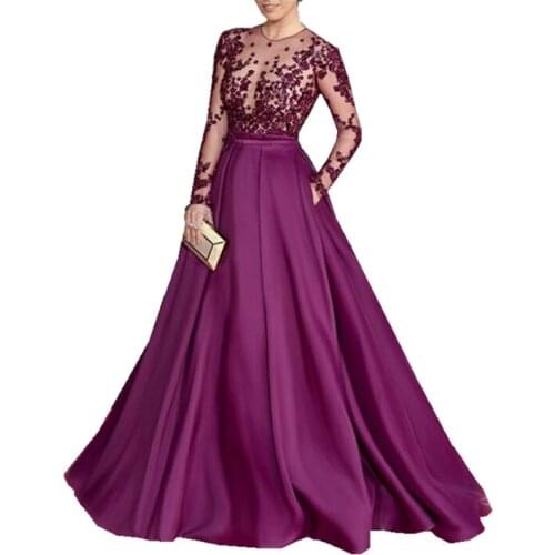 Purple Long Sheer 2020 Sleeves O Neck Celebrity Dress Woman Red Cerpet Dresses A-Line Beaded Satin Evening Gowns robe de soiree