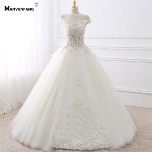 Luxury Off the Shoulder Sweep Train Bow Wedding Dress for Women 2021 Boat Neck Embroidery Appliques Tulle Bridal Ball Gown