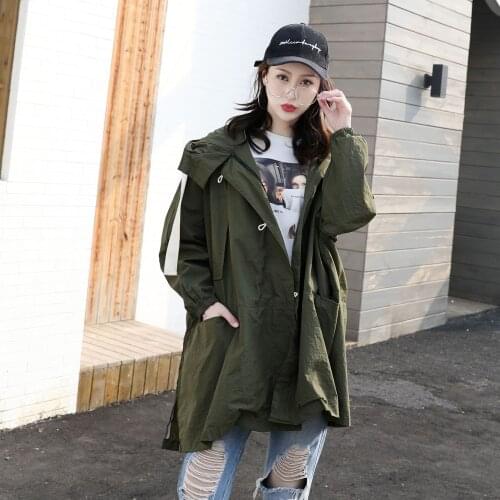 Big yards womens spring Korean style Hooded fashion ladies Loose-covered dust coat Fat MM Show slender wind coat