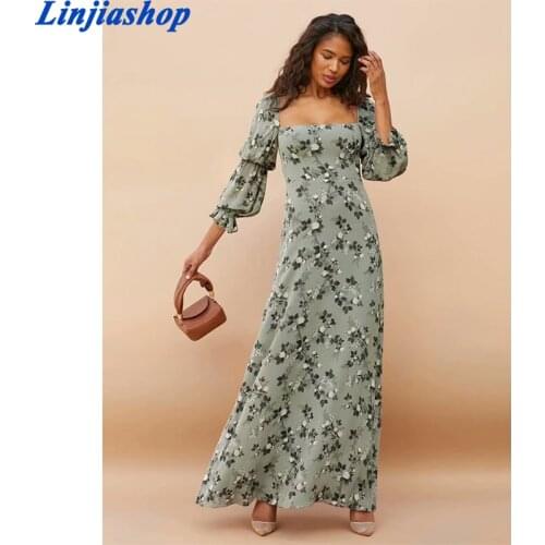 Vintage women midi dress square collar elegant floral print long dress ladies prairie chic holiday robe femme