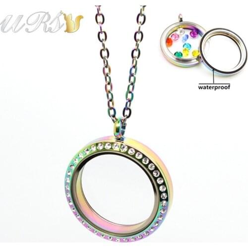 20mm/25mm/30mm/35mm twisted-off rainbow czech crystals 316L stainless steel floating glass locket pendant with necklace