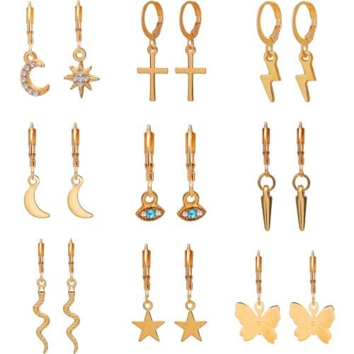 9 Pairs/Pack Fashionable Butterfly Lightning Drop Dangle Earrings Set for Women Moon Star Cross Evil Eye Snake Earring Jewelry