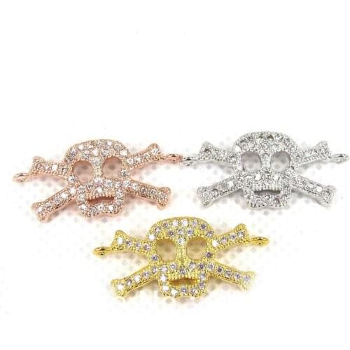 Free shipping,3pcs Mix Colors 13*27mm Mosaic Zircon SideWays Pirate Skull Head Connector Beads Making Bracelet Jewelry Findings