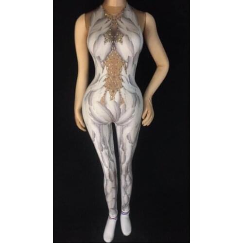 Glisten Rhinestone Feather Printed Jumpsuit Crystals Rompers Sexy Costume Nigjtclub Party Show Celebrate Outfit Stage Wear