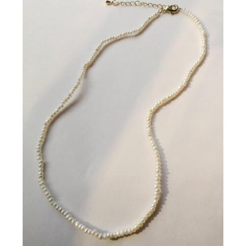 2mm bright white real Pearl flat necklace 5 or 7cm chain gold clasp natural Freshwater PEARL Women Jewelry 35cm 43cm 15'' 17