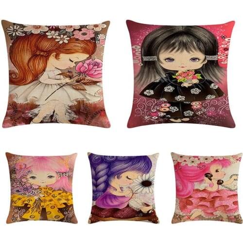 Cartoon Lovely Girl Pattern Cushion Cover Cotton Linen Pillow Case Throw Pillow Cover Sofa Bedroom Home Decorative 45*45CM ZY213
