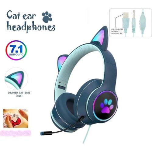 Cute Cat Ear Headset Plug In Dual Microphone Wired Gaming Headphone LED Kid Girl Stereo Music Helmet Phone Earphone For Gift