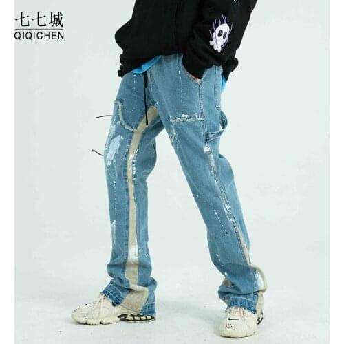 Color Block Painted Drawstring Jeans Men Frayed Side Ribbon Loose Casual Denim Trousers Hip Hop Streetwear Harajuku Couple Pants