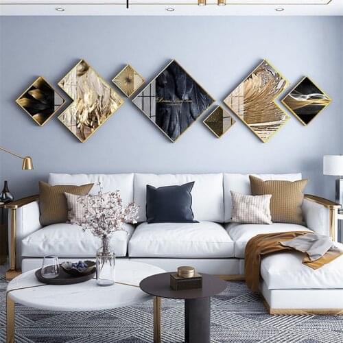 Home Decor Picture Combination Crystal Porcelain Mural For Living Room Wall Layout Black Gold Fashion Painting With Metal Border
