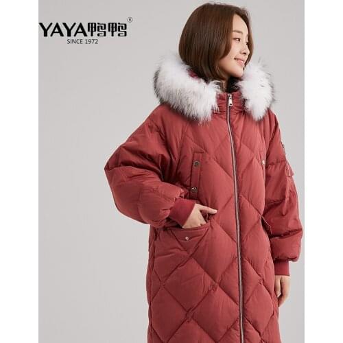 YAYA Women New Down Jacket Ladys Hooded Fur Collar Long Warm Thick Female Long Sleeve