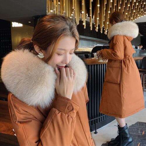 2021 Big Fur Hooded Down Jackets Thicken Winter Women White Duck Down Jacket Warm Padded Long Big Pockets Female Down Outerwear