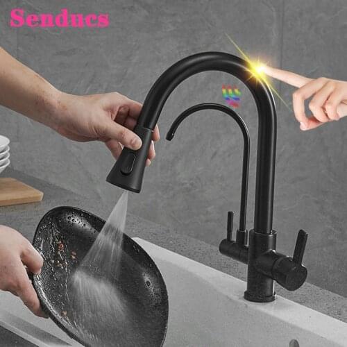 Smart Touch Kitchen Faucets Luxury Matte Black Three Ways Pull Out Kitchen Mixer Faucets Brass Sensor Touch Filter Kitchen Taps
