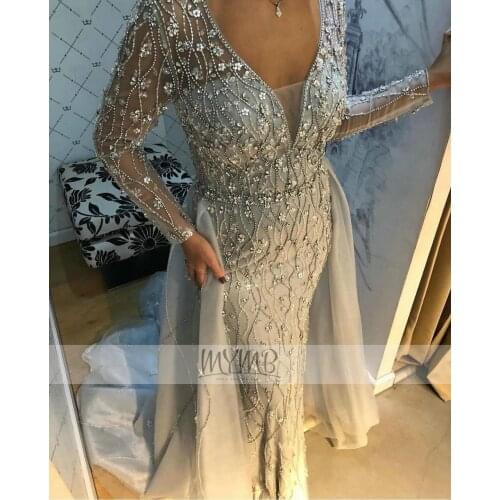 Gorgerous Dubai Evening Dress Grey High Quality Crystal Beading Hijab Long Sleeves Muslim Evening Gown With Detachable Train