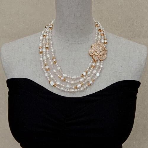 Y·YING 4 Strands Cubic Zirconia Pave Flower Connector Natural Cultured WhiteRound Baroque Freshwater Pearl Choker Necklace 19