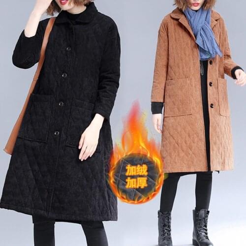 2021 Autumn Winter Korean Corduroy Jacket Cotton-padded Women Warm Coat Loose Long Outwear Single-breasted Casual Female Jackets