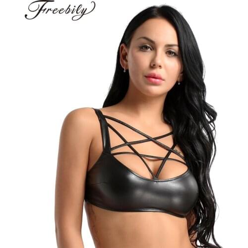 Womens Tanks for Sexy Clubwear Wetlook Faux Leather Dancing Strappy Pentagon Detail Front Bandeau Crop Tops Bralette Tops