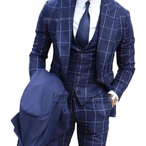 Royal Blue Plaid Groom Wear Men Suits For Wedding Custom Made Wide Lapel 3 Pieces Jacket+Vest+Pants Formal Blazers Tuxedo 2021