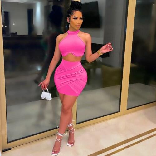 Solid Two Piece Skirt Set Women O Neck Sleeveless Cross Bandage Vintage Crop Top+ Mini Skirt Hipster Sexy Midnight Outfit Suits