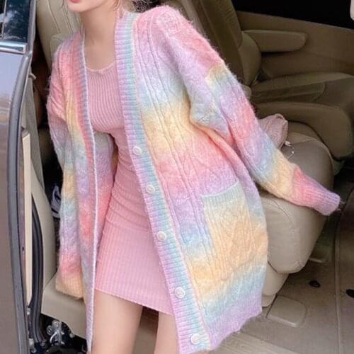 Women Autumn Winter Sweet Kawaii Sweaters Coats 2021 Rainbow Knitted Cardigans Female Long Korean Button Down Cardigan Winter