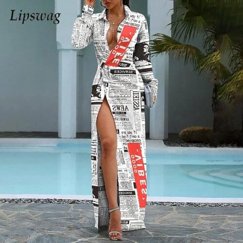 Women Summer Turn-down Collar High Slit Long Dress Elegant Long Sleeve Party Maxi Dress Fashion Newspaper Print Lady Shirt Dress