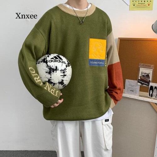 Winter Pullover Knitted Tops New Patchwork Sweaters Mens Black Long Sleeves Spring Autumn O-Neck Plus Oversize Clothing