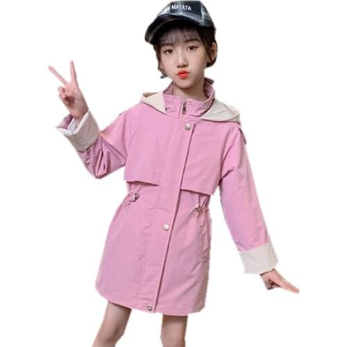 2021 Spring Autumn Trench Coat with Hood For Girls Children Hooded Long Jacket Teenager Kids Clothes Windbreaker Girls 4-13 Year