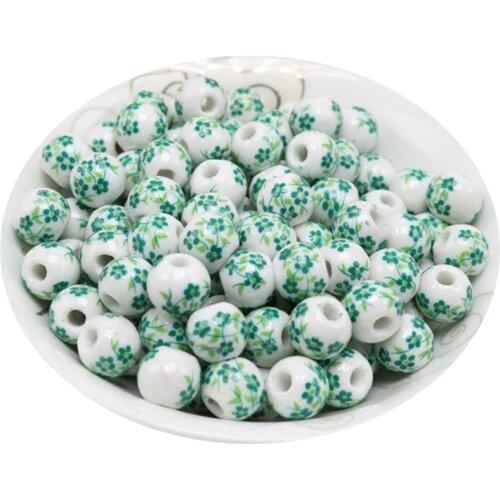 50 pcs Ceramic Beads 10 mm Green Flower Pattern Round Beads For Jewelry Making DIY Bracelet & Necklace