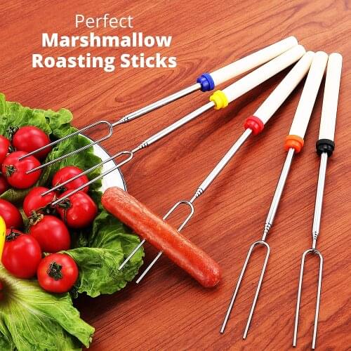 8pcs/set Barbecue Forks Wood Handle Stretchable BBQ Sticks Stainless Steel U Shape Grilling Cooking Skewers Outdoor BBQ Tools