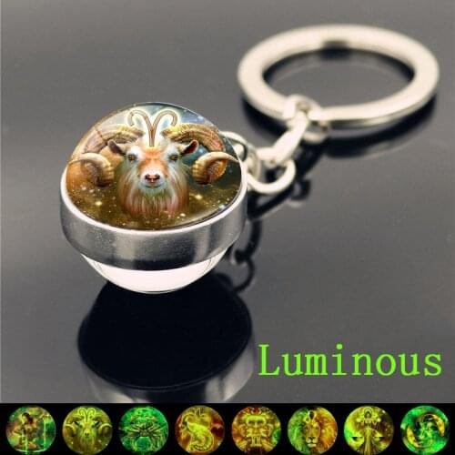 Hot Selling 12 Constellation Luminous Keychain Metal Glass Ball Pendant Taurus Aries Leo Glow In The Dark Key Couple Key Chain