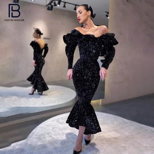PB Chic Black Sequins Long Dress Sexy Off Shoulder Ruffles Design Long Sleeves Celebrity Party Club Vestido