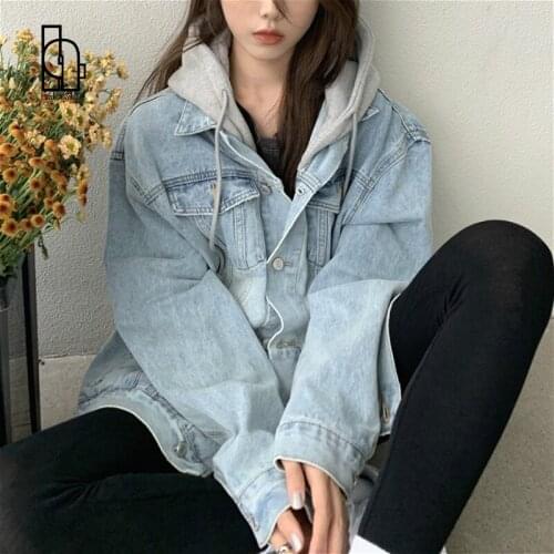Denim Jackets For Women Hooded Casual Long Sleeve Vintage Jean Coats Female Winter Fake Two Piece Outerwear Korean Autumn 2021