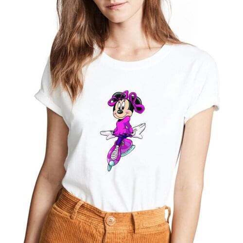 New Minnie Skating Print T-shirt Women Tops Short Sleeve Casual Cartoon Disney Mouse Tshirt Homme Comfort Girls T Shirt