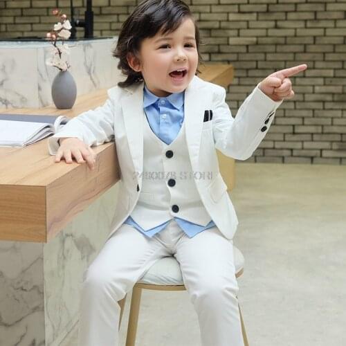 Flower Boys White Baptism Jacket Vest pants 3Pcs Suit School Kids Formal Wedding Tuxedo Children Performance Party Dress Costume