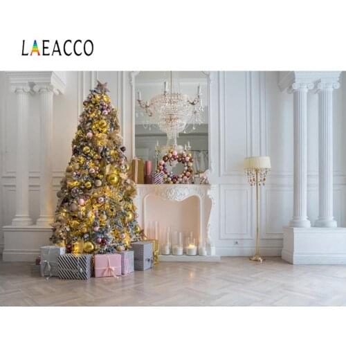 Laeacco Gray Chic Wall Royal Christmas Party Decor Tree Frieplace Candle Gift Interior Photo Background Photography Backdrop