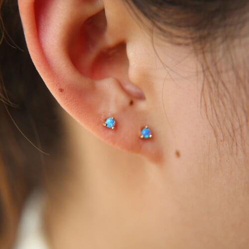 Minimal jewelry tiny 2-3mm small opal stone white blue prong setting cute lovely multi piercing girl silver 925 earring