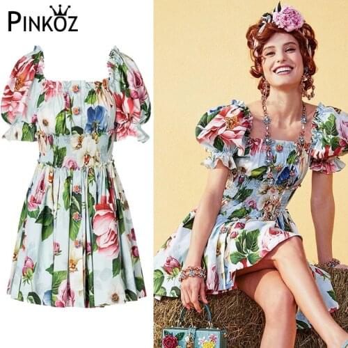 Pinkoz Fashion Designer dress Spring Summer Women Dress Puff sleeve Rose Floral-Print Mini Dresses Boho Party Dinner Beach Dress