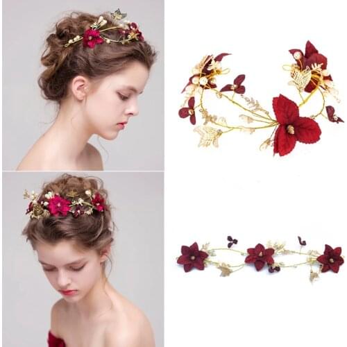 Fashion Red Crystal Beads Flower Hairband Wedding Hair Jewelry Bridal Hairwear Handmade Flower Headband For Bride Accessories
