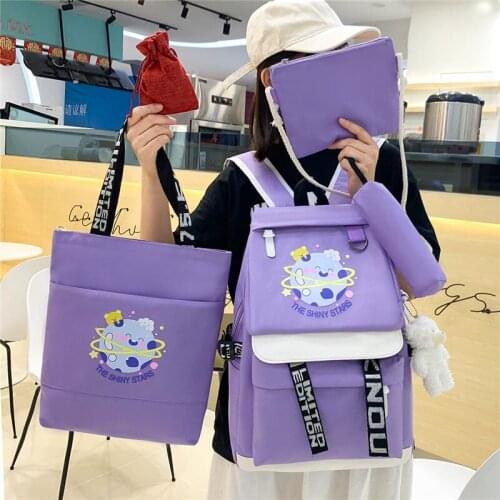 4 Pcs Set School Backpack for Women Backpack Cartoon Printing Schoolbag Canvas Lady Backpacks Fashion Teenager Girls School Bags