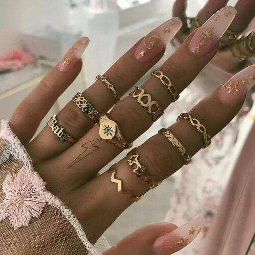 Docona Punk Wave Star Heart Knuckle Midi Ring Set for Women Girl Metal Hollow Flower Geometric Ring Set Anillos Party Gift 9087