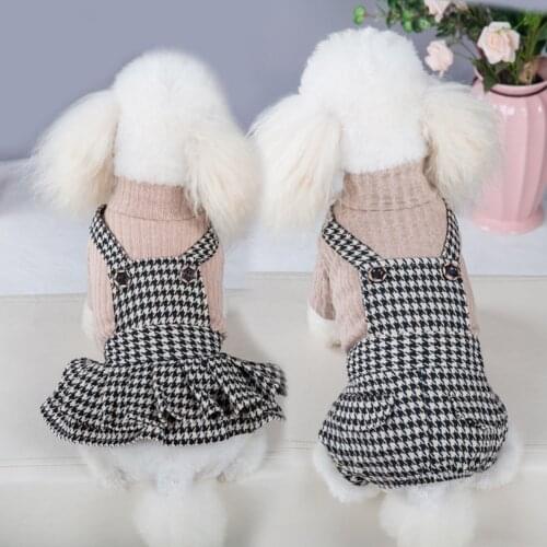 Autumn Winter Dog Jumpsuit Puppy Princess Dress Warm Clothes Plaid Rompers Turtleneck Dress Poodle Costume For Small Medium Dogs