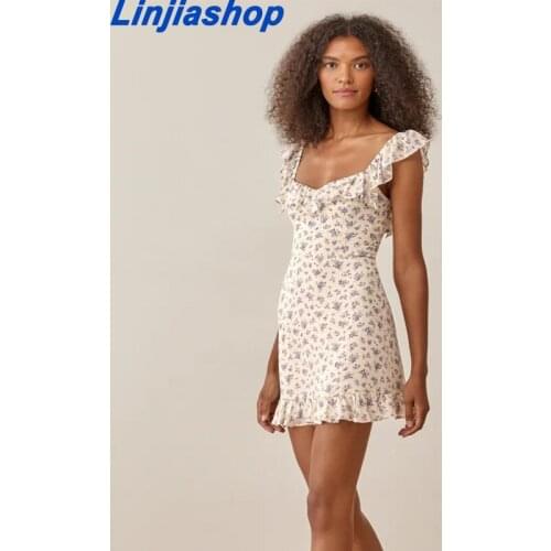 White Floral Ruffles Dress Women Backless Elastic Summer Dress Outfits Sexy Mini Beach Dresses Vocation French