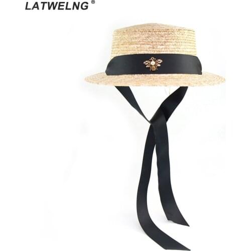 2019 New Designer original Long ribbon women Straw sun protection Hats with Bee Female summer Beach UV Hat Ladies Visor Hats