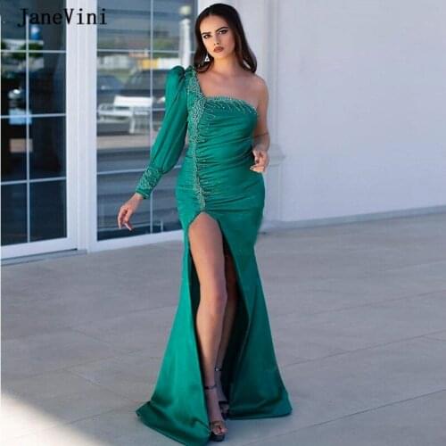 JaneVini 2020 Sexy Arabic Mermaid Evening Dresses One Shoulder Long Sleeves Beading Satin High Split Women Party Dress Evening