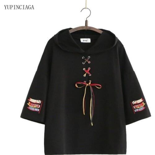 2021 Summer Mori Girl Style Koi Embroidered Hoodies Women Sweet Cotton Hooded Sweatshirt Harajuku Short Sleeve Top 2113503