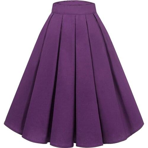 2021 Wine Red Solid Pleated Cotton Summer Skirt High Waist Vintage Plus Size 50s 60s Retro 50s 60s Midi Skirts No Pocket
