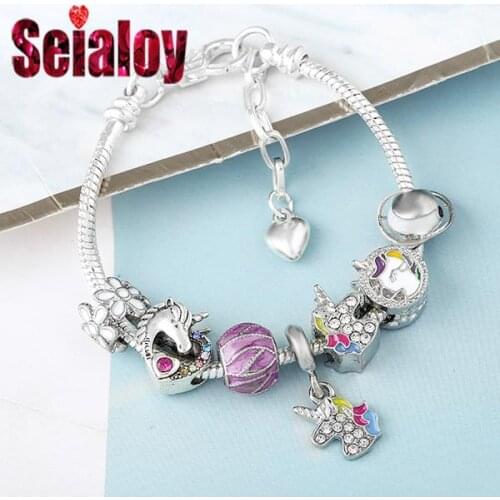 SEIALOY Colorful Unicorn Charm Bracelets For Women Original Shining Heart Unicorn Beaded Children Bracelet Bangle Jewelry Gifts